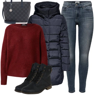 Outfit s Černá/Tmavě Modrá/Modrá Kozačka Šněrovací Kotníková Bota/Klasická Kozačka/Kotníková Bota s Podšívkou/Bojová Bota/Plochá Kotníková Bota/Motorkářská bota Rieker "Cool podzimní outfit"