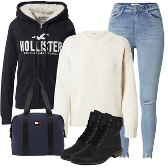 Outfit s Černá/Tmavě modrá/Modrá Kozačka Šněrovací Kotníková Bota/Klasická Kozačka/Kotníková Bota s Podšívkou/Bojová Bota/Plochá Kotníková Bota/Motorkářská bota Rieker "Cool podzimní outfit"