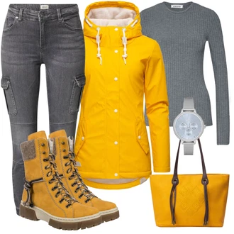 Outfit s Žlutá Nepromokavé Bund/Ripstop bunda/Bunda s Kapucí/Letní Bund/Plachtařská bunda/Jarní bunda/Funkční Bunda Ragwear "Cool podzimní outfit"