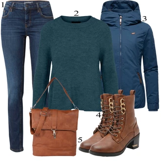 outfit mit Temno Modra/Modra/Svetlo Modra Športni čevlji/Gležnarji/Ozke Kavbojke/Ženske 7/8 Kavbojke/Push up Kavbojke/Zimska jakna/Usnjene Čevlje/Moška Usnjena Jakna/Regular Fit Kavbojke/Usnjena Jakna ESPRIT "Popoln za jesen"
