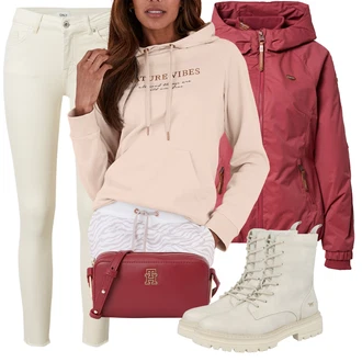 Outfit s Červená/Růžová Outdoorové Bundy/Větrovka/Nylonová bunda/Podzimní bunda/Ripstop bunda/Bunda s Vnitřním Vystláním/Udržitelná bunda/Jarní bunda/Funkční Bunda/Bunda s Kapucí Ragwear "Cool podzimní outfit"