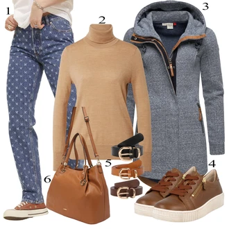 outfit mit Bež/Črna/Zlati/Rjava Sproščeni pas/Klasični pasovi/Usnjeni pas About You "Obleka za jesen"