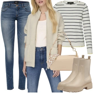 S Třásně Outfit s Hnědá/Béžová/Khaki Chelsea Boty/Kožená bunda/Gumová Kotníková Bota/Plochá Kotníková Bota/Kotníková Bota s Podšívkou About You "Cool podzimní outfit"