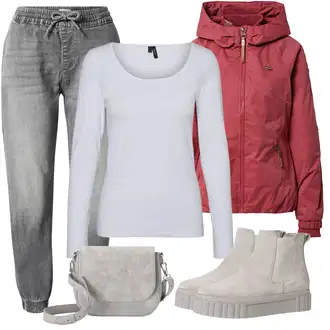 Outfit s Červená/Růžová Outdoorové Bundy/Větrovka/Nylonová bunda/Podzimní bunda/Ripstop bunda/Bunda s Vnitřním Vystláním/Udržitelná bunda/Jarní bunda/Funkční Bunda/Bunda s Kapucí Ragwear "Cool podzimní outfit"