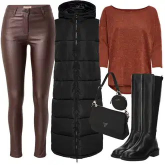 Rockový Koncert Outfit s Černá Kozačka se zipem/Jezdecká Bota/Bota na klínku/Plochá kozačka nad koleno/Klasická kozačka/Kozačka po Kolena/Bota se širokým nohavici/Ovčí Kožešinová Bota/Dlouhá Kozačka About You "Cool podzimní outfit"Look: Kovbojka, Elegantní, Punk, Rockový, Bar, Koncert, Galavečer, Škola