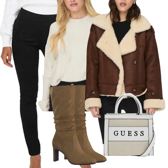Výstřih na ramena Outfit s Hnědá/Béžová/Tmavě hnědá/Bílá Bunda Vintage Bund/Krabice Bunda/Bunda z Jehněčí Kůže Only "Cool podzimní outfit"