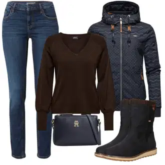 Outfit s Tmavě modrá Hybridní bunda/Bunda s Bočním Zipem/Outdoorové Bundy/Prošívaná Bunda/Funkční Bunda/Turistická bunda/Bunda s Kapucí/Bunda 2v1/Trekingová bunda/Ripstop bunda Ragwear "Cool podzimní outfit"