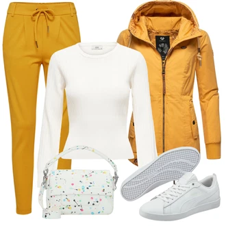 Outfit s Žlutá/Hnědá Ležérní Kalhoty/Žerzejová Kalhoty/Jogger Kalhoty/Sportovní kalhoty/Tréninková Kalhoty/Mrkvová Kalhoty Only "Cool podzimní outfit"