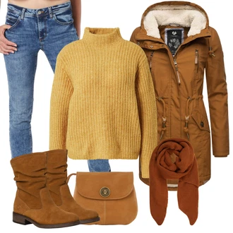Outfit s Hnědá/Béžová/Žlutá Kozačka Zimní kotníková bota/Letní kotníková Kozačka/Klasická Kozačka/Vintage Kotníková Bota/Plochá Kotníková Bota/Kotníková Bota s Podšívkou/Bota se širokým nohavici Tamaris "Cool podzimní outfit"