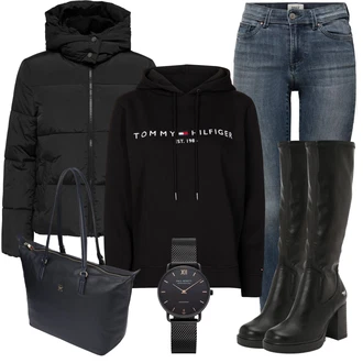 Outfit s Černá/Hnědá Svetr S Kapucí Originální mikina/Svetr S Kapucí/Sportovní mikina/Mikina/Unisex Mikina S Kapucí/Dámský Svetr/Svetr S Kapucí/Vintage mikina/Partnerská Mikina Tommy Hilfiger "Cool podzimní outfit"