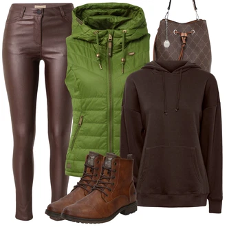 Outfit s Hnědá/Tmavě hnědá/Tmavě červená/Vínová Kožená bunda/High Waist Džínové Kalhoty/Motorkářské Džíny/Termální Džíny/Džíny s Rozparkem Soyaconcept "Cool podzimní outfit"