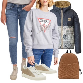 Outfit s Světle modrá/Khaki/Krémová/Růžová Kožená bunda/Džíny s Rozparkem/Navlékací džíny/Džíny s Dírou/Kožené bundy/Kožená Pánská Bund/Zkrácené Džíny/Kotníková Bota/Push up Džín GAP "Cool podzimní outfit"