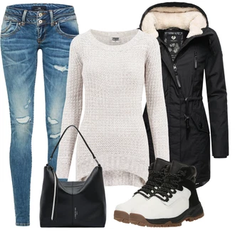 Outfit s Šedá/Béžová/Hnědá/Stříbrný Svetr z Jemné Pleteniny/Třpytivý Svetr/Pletený Svetr/Svetr s Kulatým Výstřihem/Jednoduchý Svetr/Termo Svetr/Vlněný Svetr/Kašmírový Svetr/Basic Svetr About You "Cool podzimní outfit"