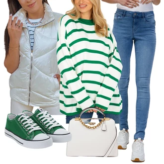 Outfit s Zelená/Bílá/Hnědá Kardigan Bavlněný svetr/Kardigán s kulatým výstřihem/Svetr kroj/Svetr s podšívkou/Vintage svetr/Zimní svetr/Letní svetr rue paris "Cool podzimní outfit"