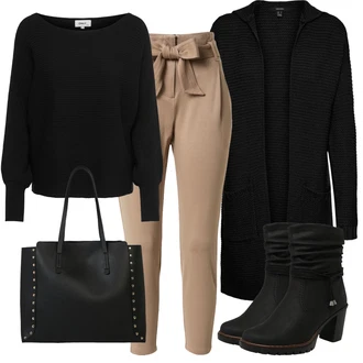 Výstřih na ramena Outfit s Černá/Tmavě šedá Pletenina veľkej veľkosti/Kabát VERO MODA "Cool podzimní outfit"