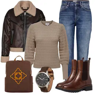 Motorka Zima Outfit s Černá/Tmavě hnědá/Hnědá Bunda Motorkářské Bund/Neobvyklá Bunda/Pilotní Bunda/Kožená Bomber Bund/Kožené Bund/Bunda z Jehněčí Kůže/Vintage Bund/Kožená vintage Bunda VERO MODA "Cool podzimní outfit"Look: Jízda na koni, Motorka