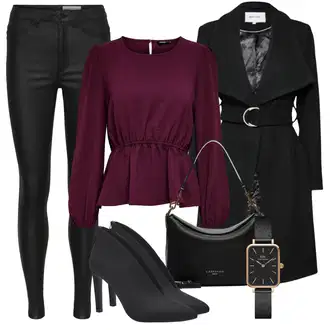 Outfit s Fialová/Růžová/Tmavě červená/Vínová Peplum blůza/Halenka se Stojatým Límcem/Halenka s Nafouknutým Rukávem Only "Cool podzimní outfit"