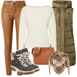 Outfit s Hnědá/Khaki/Béžová Kalhoty z Umělé Kůže/Kožený legíny/Kožená Kalhoty/Skinny Kalhoty B.young "Cool podzimní outfit"