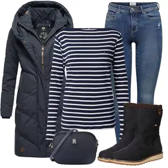 Prošívaný Dlouhé Outfit s Modrá/Tmavě modrá Zimní Kabát/Dlouhý Péřový Kabát/Kabát se Zipem/Prošívaný kabát/Dlouhý Zimní Kabát/Kabát s Kapucí/Péřový Kabát Ragwear "Cool podzimní outfit"