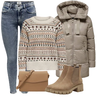 Norský vzor Outfit s Hnědá/Krémová/Béžová/Bílá/Vícebarevný Žakárový Svetr/Norský Svetr/Norský Svetr Only "Cool podzimní outfit"