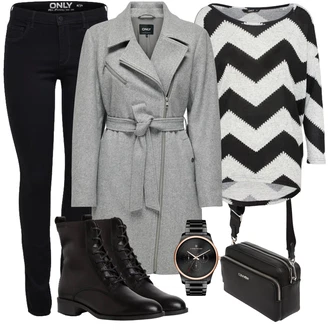 Šik Outfit s Šedá Přechodový Kabát/Vlněný Fleecový Kabát/Midi Kabát/Zimní Kabát Vlněný kabát/Lodenový kabát/Kašmírový Kabát Only "Cool podzimní outfit"Look: Šik, Klasické