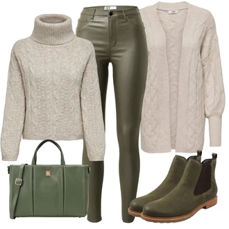 Kůže Outfit s Tmavě zelená/Khaki Kožená bunda/Motorkářské Džíny/High Waist Džínové Kalhoty/Džíny s Rozparkem/Termální Džíny JdY "Cool podzimní outfit"