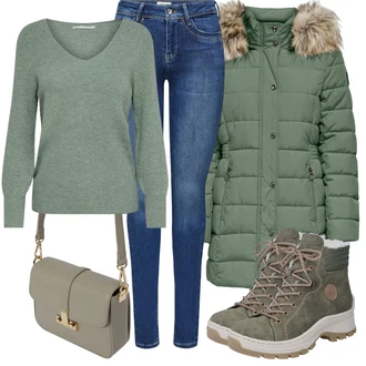 Outfit s Zelená/Tmavě Zelená Zimní bota/Trekingová Bota/Zimní tenisky/Kozačka Zimní kotníková bota Rieker "Cool podzimní outfit"