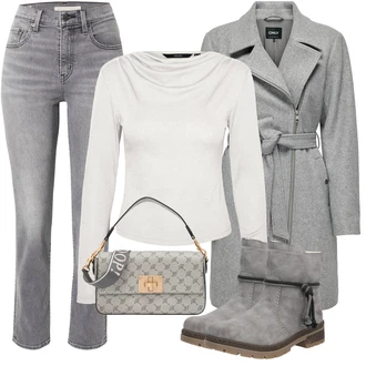 Šik Outfit s Šedá Přechodový Kabát/Vlněný Fleecový Kabát/Midi Kabát/Zimní Kabát Vlněný kabát/Lodenový kabát/Kašmírový Kabát Only "Cool podzimní outfit"Look: Šik, Klasické