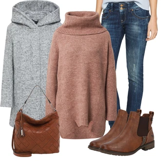 Outfit s Červená/Růžová/Světle šedá Blazerový Kabát/Fleecový Kabát/Kabát s Úzkým Střihem/Tweedový Kabát/Vlněný Fleecový Kabát/Pletený Kabát/Scuba Kabát/Pletený Fleecový Kabát/Krátký Kabát Only "Cool podzimní outfit"