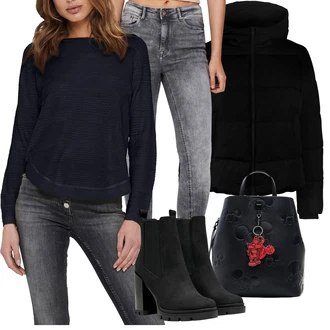 Rave Outfit s Černá Kozačka Kožená bunda/Bota na platformě/Kotníková Bota s Podšívkou/Kotníková Bota Na Podpatku/Chelsea Boty/Letní kotníková Kozačka/Zimní kotníková bota/Kožená kotníková bota/Bota na Platformě Only "Cool podzimní outfit"Look: Bar, Rave