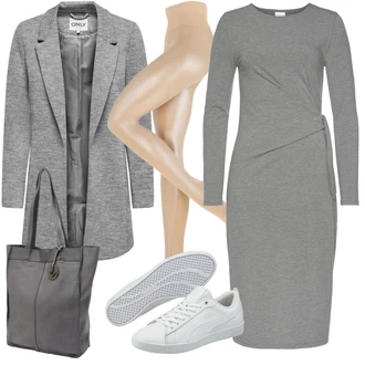 Outfit s Šedá/Světle šedá/Tmavě šedá Svetrové Šaty/Zimní Pletené Šaty/Zimní šaty s dlouhým rukávem/Žerzejové Šaty/Šaty s Předním Zipem/Pouzdrová Šat/Šaty s dlouhým rukávem/Zavinovací Šaty/Dlouhé pletené šaty/Úzké Šaty/Asymetrické Šaty Lascana "Cool podzimní outfit"