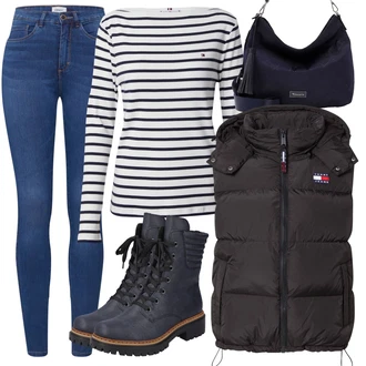 Outfit s Modrá/Tmavě Modrá Kozačka Šněrovací Kotníková Bota/Motorkářská bota/Bojová Bota/Kotníková Bota s Podšívkou Rieker "Cool podzimní outfit"