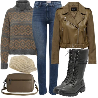 Outfit s Tmavě zelená/Béžová/Šedá/Hnědá/Khaki Krátký Bund/Kožené Bund Bunda z Umělé Kůže/Krátký Bund/Kožená vintage bunda/Kožené Bund/Motorkářské Bund Only "Cool podzimní outfit"