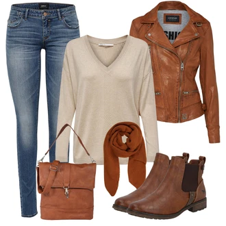 Outfit s Hnědá/Béžová Chelsea Boty/Kožená bunda/Plochá Kotníková Bota/Jezdecká Bota Mustang "Cool podzimní outfit"