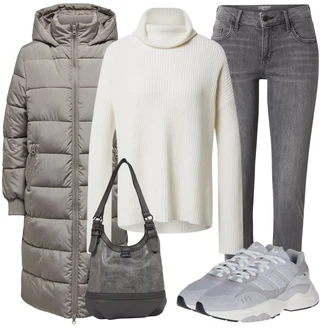 Outfit s Šedá/Světle šedá/Tmavě šedá Rovná Džína/Kožené Boty/Dámské Džíny s Délkou 7/8/Kotníková Bota/Zimní bunda/Kožená bunda/Sportovní boty/Zužující se Džíny/Džíny Regular Fit/Girlfriend Džíny/Džíny s Nízkým Sedem/Slim Fit Džíny ESPRIT "Cool podzimní outfit"