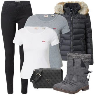 Outfit s Světle šedá/Šedá/Tmavě modrá/Tmavě šedá/Černá Kotníková Bota s Podšívkou/Vycpaná kozačka/Nepromokavá kozačka/Kožené pánské obuv/Bota se širokým nohavici/Zimní kotníková bota/Zimní Kozačka Rieker "Cool podzimní outfit"