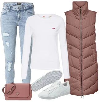 Dlouhé Outfit s Bílá Tričko s 3/4 rukávem/Jednoduchý top/Zkrácený Top/Pletené tričko/Dlouhá košile/Košilový top/Roláková Košile/Zavinovací Tričko levi's ® "Cool podzimní outfit"