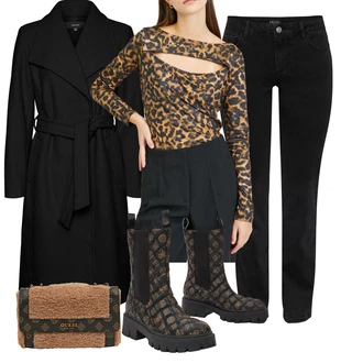 S řetízkem Outfit s Černá/Hnědá/Tmavě hnědá Klasická Kozačka/Plochá Kotníková Bota/Kožená bunda/Vycpaná Kozačka/Holínky/Motorkářská bota/Chelsea Boty/Gumová Kotníková Bota/Kotníková Bota s Podšívkou Guess "Cool podzimní outfit"
