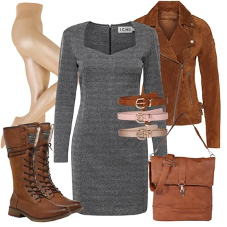 Outfit s Šedá/Světle šedá/Tmavě šedá Pletené Šaty/Zimní Pletené Šaty/Svetrové Šaty/Šaty s dlouhým rukávem Ichi "Cool podzimní outfit"
