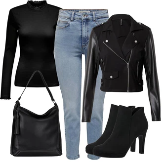 Outfit s Světle modrá/Modrá Kožená bunda/Capri Džíny/Dad Džíny/Vintage džíny/Zkrácené Džíny/Džíny s Rozparkem/Girlfriend Džíny/Zužující se Džíny/Kotníková Bota/Mom Jean/Dámské Džíny s Délkou 7/8/High Waist Džínové Kalhoty JdY "Cool podzimní outfit"