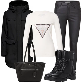 Outfit s Černá Motorkářská Bota/Vycpaná kozačka/Kožené pánské obuv/Motorkářská bota/Zimní Kozačka/Šněrovací Kozačka/Nepromokavá kozačka/Bojová Bota Tamaris "Cool podzimní outfit"