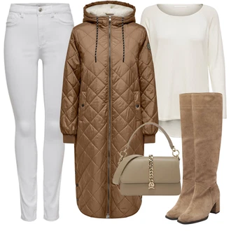 Outfit s Béžová/Hnědá Klasická Kozačka/Bota se širokým nohavici/Kozačka po Kolena/Špičatá Kozačka/Dlouhá Kozačka/Kozačka Na Podpatku Gabor "Cool podzimní outfit"