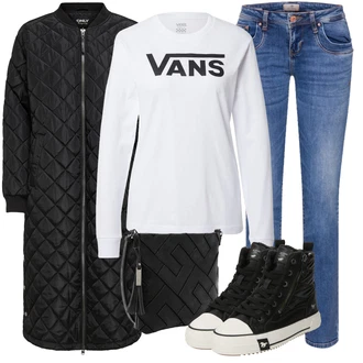 Nadrozměrné Outfit s Černá Dlouhý Péřový Kabát/Prošívaný kabát/Dlouhý Zimní Kabát Only "Cool podzimní outfit"Look: Cool, Hip Hop, Moderní, Venkovní, Příliš oblečený, Nadrozměrné