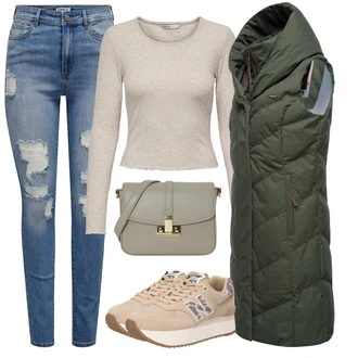 Outfit s Tmavě zelená Puchová Bund/Letní peřová bunda/Dlouhé bundy/Bundeswehr Parka/Zimní Bund/Zimní Parka/Nafukovací Bund/Bunda na přetažení přes hlavu Ragwear "Cool podzimní outfit"