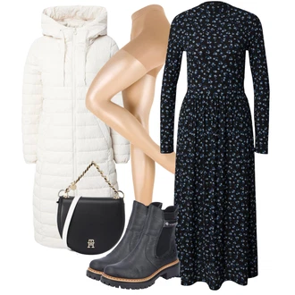 Outfit s Modrá/Tmavě modrá Zimní šaty s dlouhým rukávem/Šaty s dlouhým rukávem/Dlouhé pletené šaty/Šaty s puntíky JdY "Cool podzimní outfit"