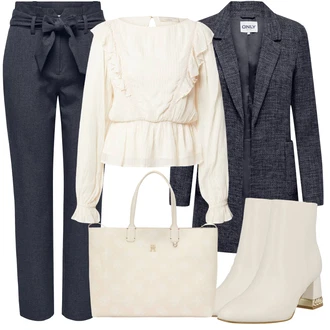 Outfit s Tmavě modrá/Modrá/Šedá Úzká Kalhoty/Paperbag Kalhoty/Business Kalhoty/Rovná Kalhoty/Obleková Kalhoty/Mušelínové kalhoty/Boyfriend Kalhoty/Lněné Kalhoty Only "Cool podzimní outfit"