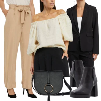 Outfit sa Žuta/Zlatni/Bež/Smeđa Bluza s Puf Rukavom/Len Blúza/Dječja igračka/Musseline Bluz/Carmen Bluza/Razigrana bluza/Bluza Kratkih Rukava AWARE by Vero Moda "Elegantni look"