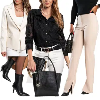 Elegantan Outfit sa Crna Bluza s Volanima "Elegantni look"Look: Elegantan, Prekrasan, Elegantna