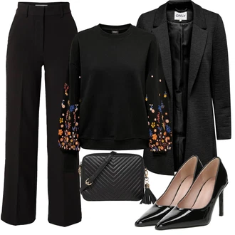 Outfit s Černá/Béžová Obleková Kalhoty/Business Kalhoty/Kalhoty s Vysokým Pasem/Kalhoty Bootcut/Kalhoty se Štěrbinou/Marlene Kalhoty/Široká Kalhoty Edited "Elegantní podzimní outfit"