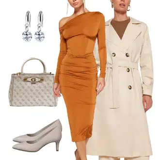 Outfit s Hnědá/Oranžová Šaty s jedním ramínkem/Midi Šaty/Dlouhé pletené šaty/Šaty na Podzim/Šaty s Rozparkem/Šaty s Vodopádovým Výstřihem/Odvážné Šaty/Šaty v Délce do Lýtka/Asymetrické Šaty Trendyol "Elegantní podzimní outfit"